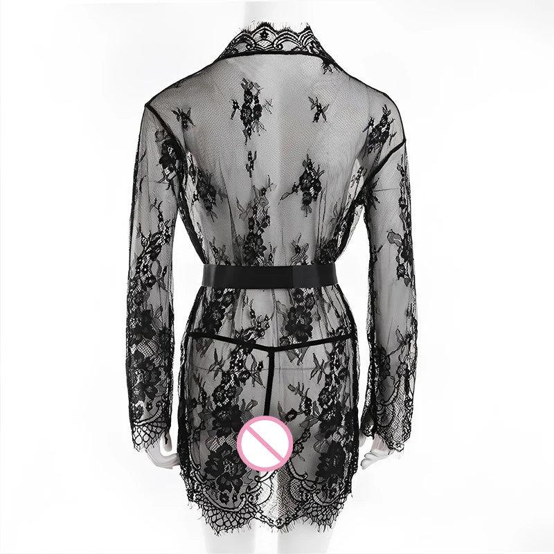 Lace Sleepwear Dress Robe Kimono Women Sexy Lingerie Transparent V-Neck Nightwear Babydoll Erotic Robe G-string Costume
