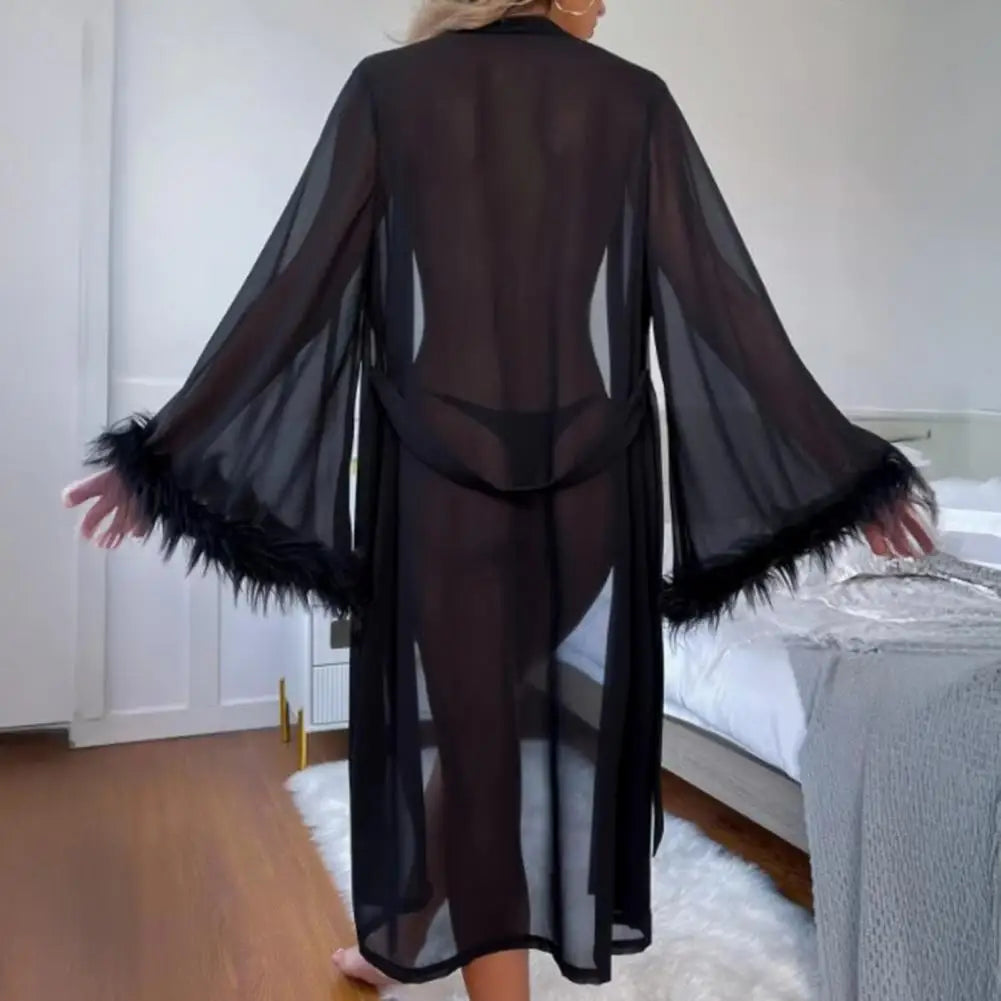 Female Sexy Lingerie Silky Satin Sleepwear Women Night Gown Robe With Bathrobe Long Sleeve Nightdress Trim Sheer Mesh Robe