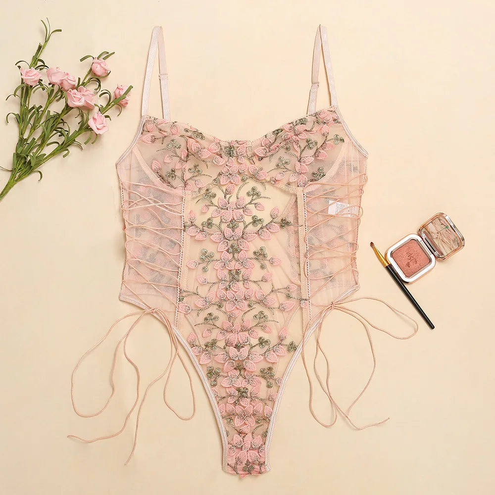Bandage Floral Embroidery Bodysuit Women Lace Up Bandage Bodies Sexy Sleeveless Bodycon Transparent Lingerie Mesh Bodysuits Top