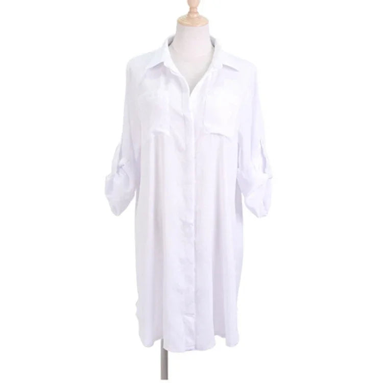 Sunscreen Bikini Cover-ups Summer Swimwear Shirt Women Swimsuit Beach Cover Up Boho Beachwear Solid White Dresses
