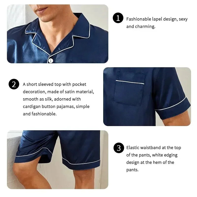 Plus Size Men's Pajama Set Faux Silk Lapel Cardigan Student Homewear Simple Short Sleeve Shorts Set Premium Feeling Solid Colour