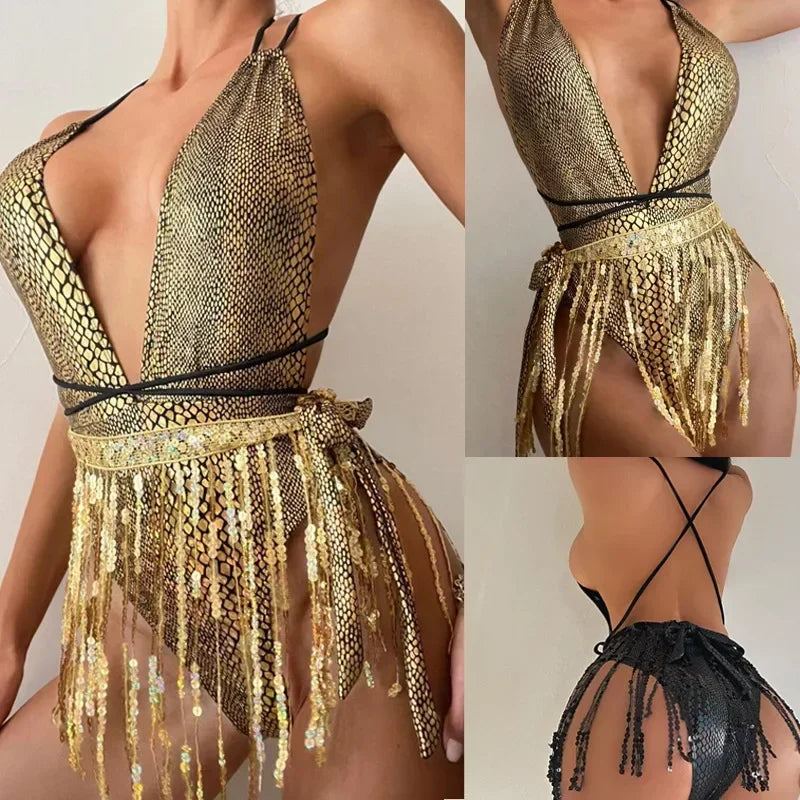 swimsuit women's new European and American sexy deep V swimsuitsNightclub hot girls tassel one-piece swimsuits