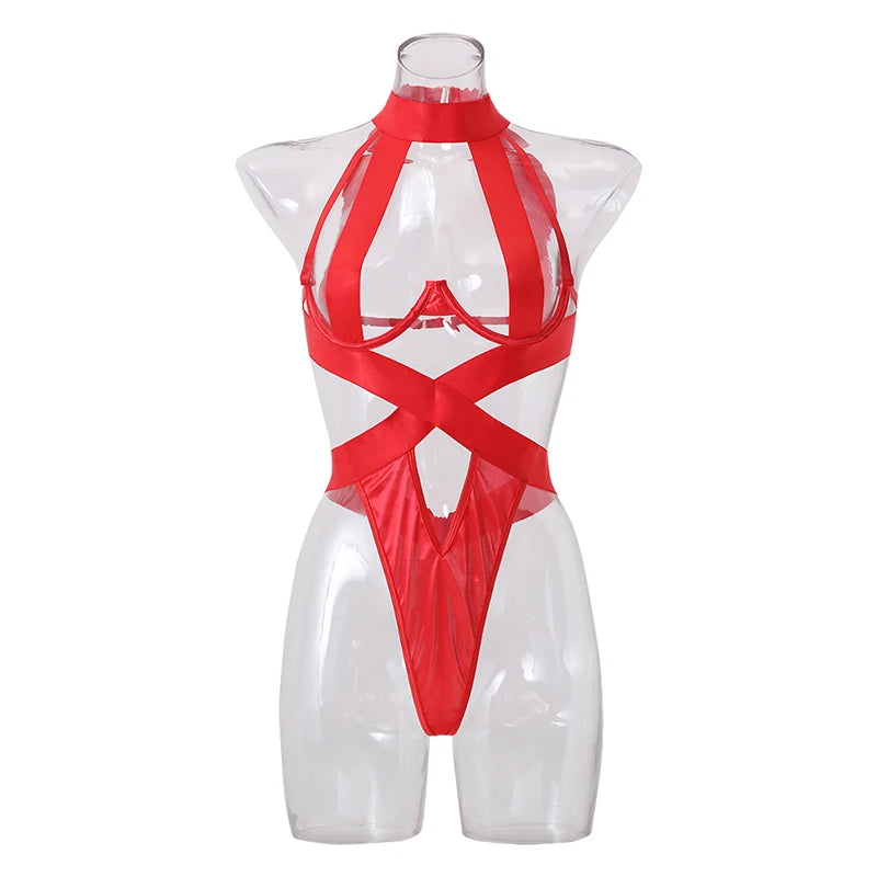 Sexy Satins Perspective Bodysuit Bandages Erotic Apparel With Wire  Lingerie Set Women Halter Cut Out Erotic Red/Black Brief Kit