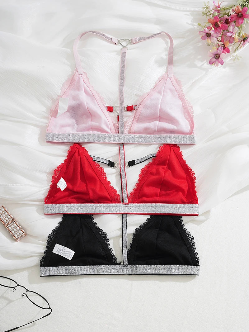 Women Lace Unlined Bras Sexy Wire Free Bralette Underwear Push Up Halter Strap Brassiere Lingerie Front Closure Temptation Bra