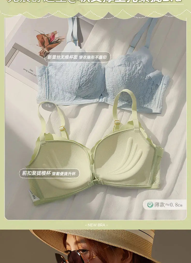Summer French Front Closure Bras for Women Sexy Lace Seamless Wireless Bralette Small Chest Push Up Everyday T-Shirt Bra