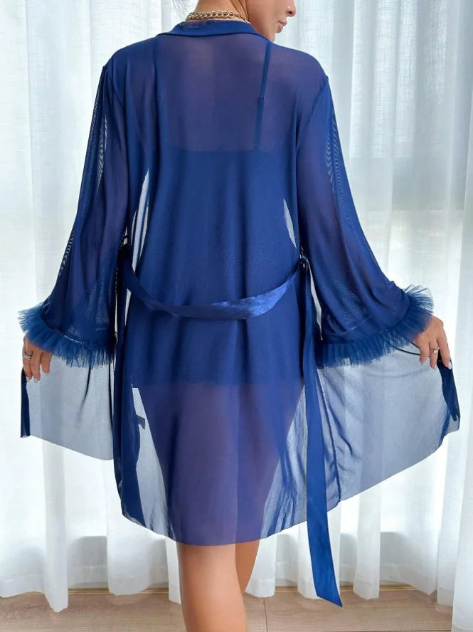 Women Sexy Robe Lingerie Set Lace V-neck Cami Dress with Transparent Mesh Night Gown Robe Nightwear Female Casual Sleepwear