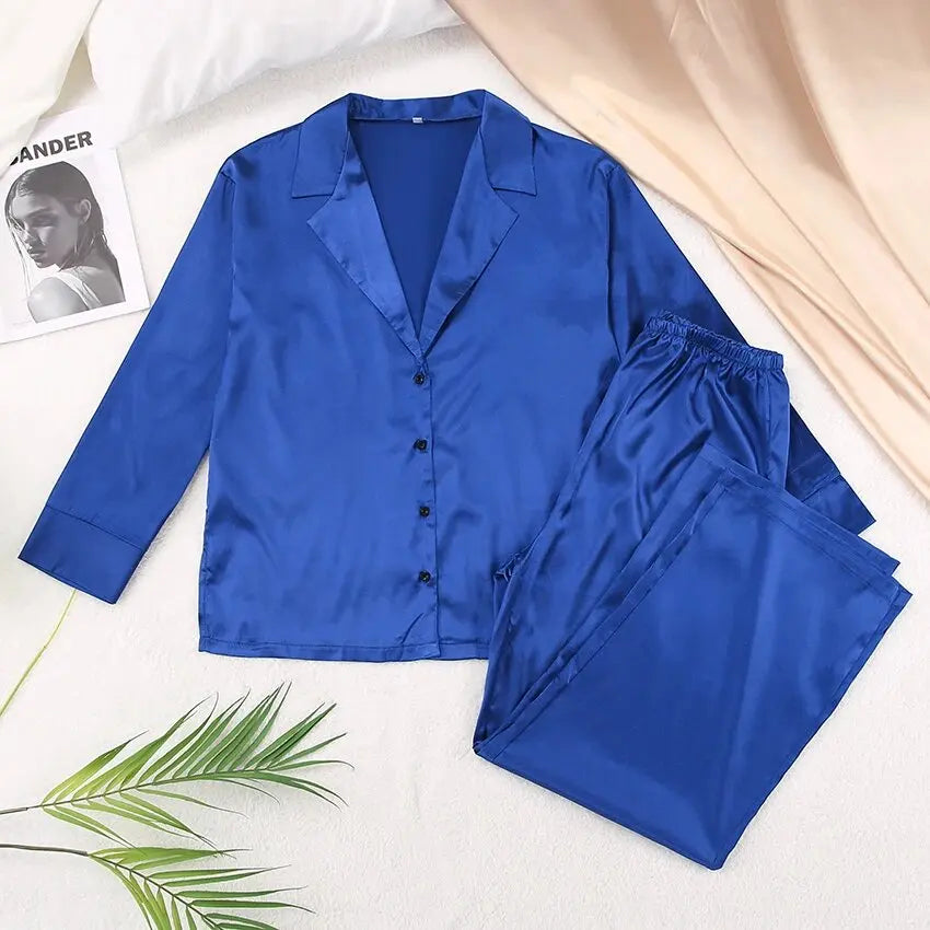 2026 Sexy Low Cut Pajama Sets for Women Loose Casual Long Sleeve Trouser Home Wear 2pcs Sets Solid Satin Silk Female Pijama Suit