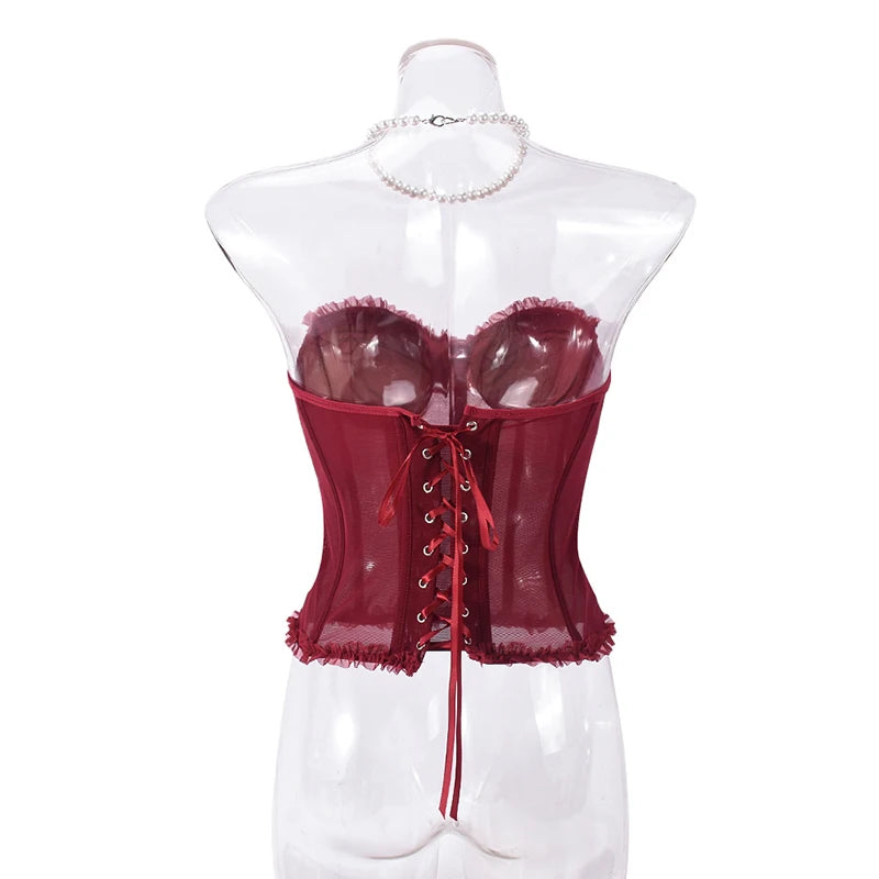 Women Sheer Lingerie Streetwear Lace-up Bustier Corset Tops Slim Backless y2k Tank Top Strapless Striped Sheath Sexy Camisole