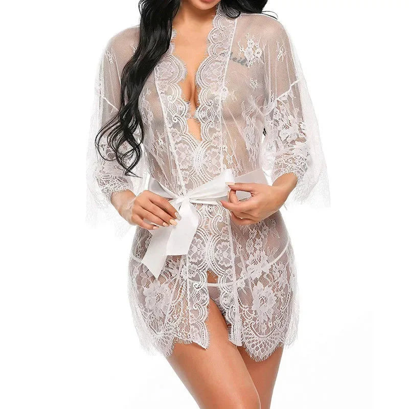 Women Sexy Lingerie Erotic Transparent V-Neck Lace Babydoll Nightwear Robe G-string Costume Kimono Sleepwear Dress