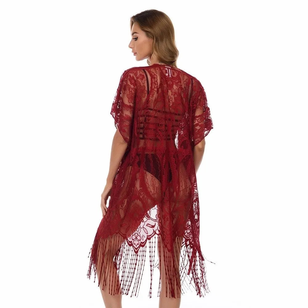 Fashion Lace Mesh Sunscreen Beach Cover Up Floral Tassel Bohemian Shawl Plus Size Transparent Swimsuit Cover Up Women