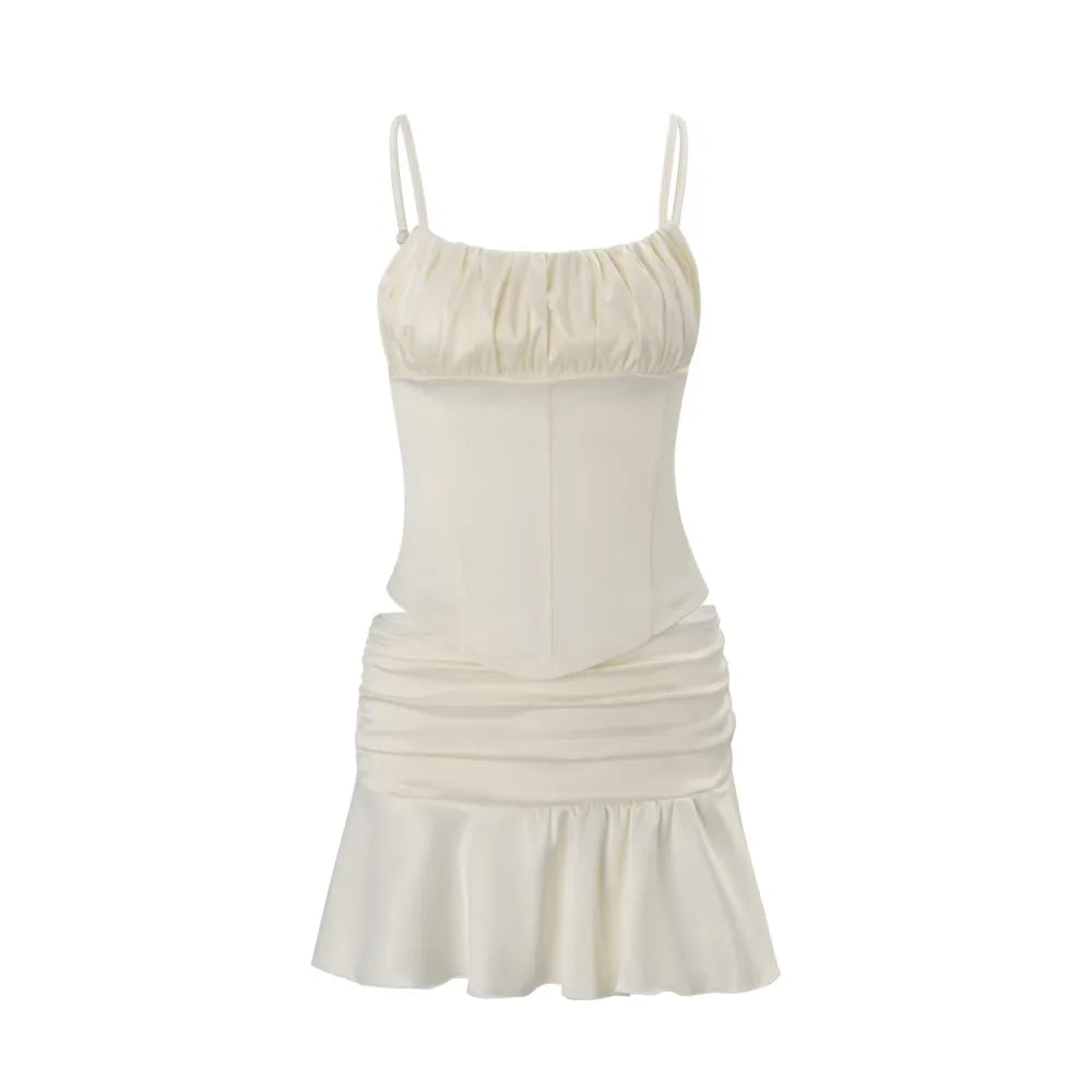 Elegant Women's Matching Sets Two Piece Outfits 2 Pieces Set For Woman French Slim Top Skirts Ruffles Solid Color Straps Pleated