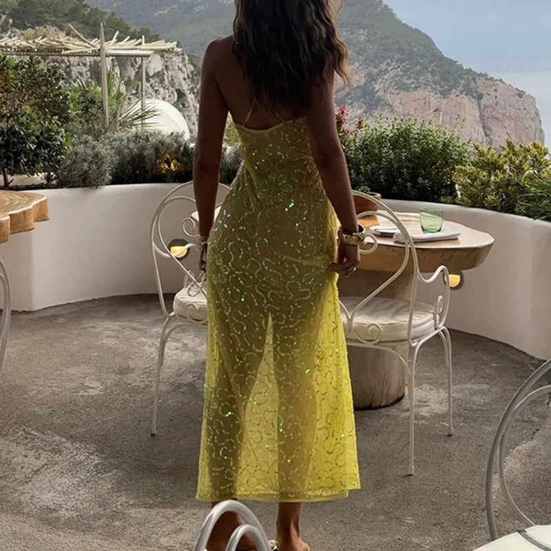 Sexy Fit Pure Sequins See-through Beach Dress Fashion Halter Sleeveless Hollow Out Robes Lady Simple Hollow Out Party Maxi Dress