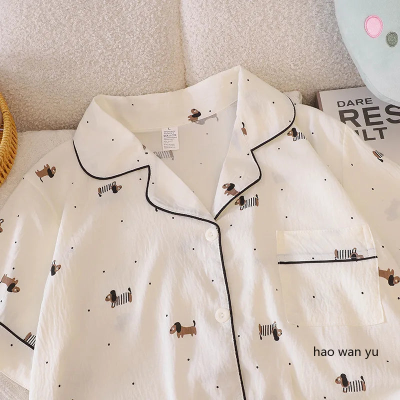 Pajama for Women Short Sleeves with High Luxury Feel Suitable for Outerwear Home Clothing Set Nightwear Homewear Small Dog Print