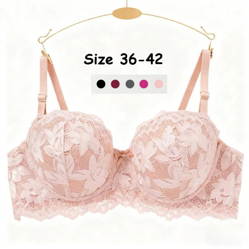 Women's Push Up Half Cup Bras French Lace Floral Bralette Thicken Bottom Gathered Underwire 36-42 A/B Cup Small Chest Underwear