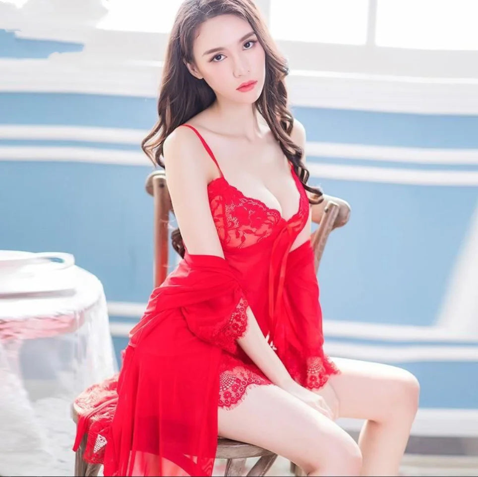 Sexy Lingerie Set Woman Erotic Pajamas Lace Lingerie Sex Clothes Summer Silk Lace Sleepwear Dress Black Sexy Lingerie Hot Dress