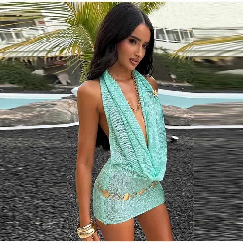 Sexy Sequin Halter Short Dress Women Backless Sleeveless Hip Package Party Dresses Female Summer Chic Night Club Robe Lady