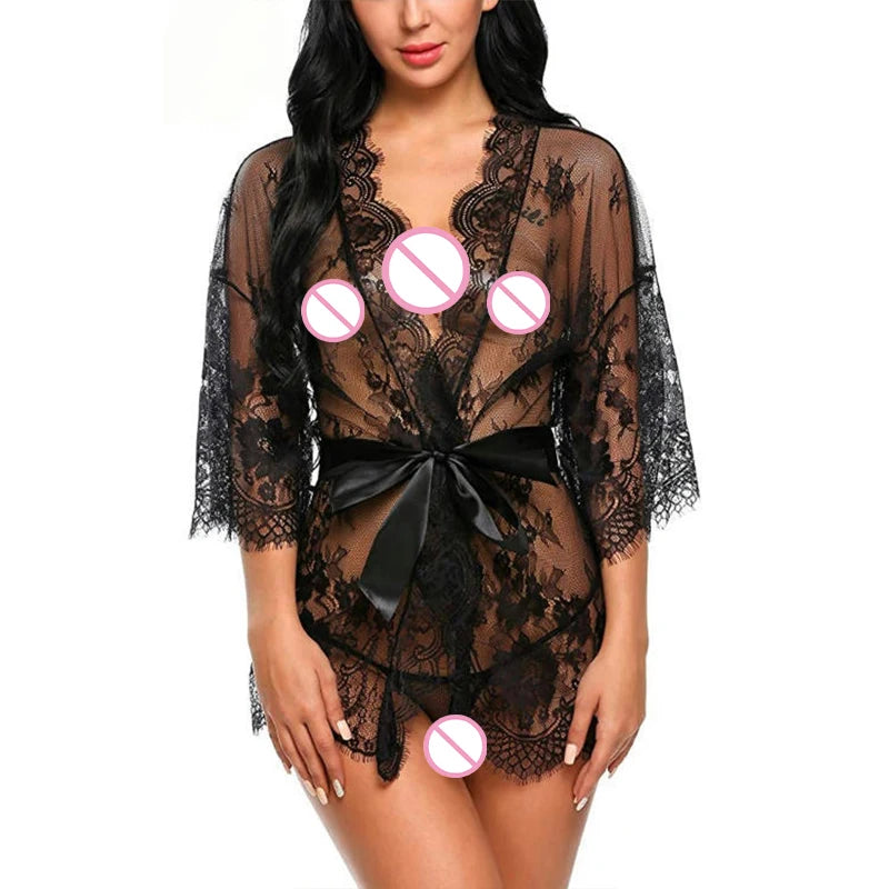 Lace Sleepwear Dress Robe Kimono Women Sexy Lingerie Transparent V-Neck Nightwear Babydoll Erotic Robe G-string Costume