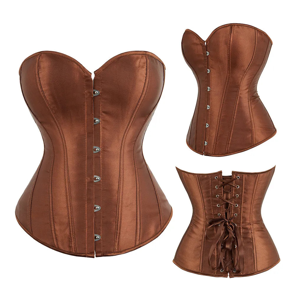 Corset Top Bustier Overbust Women Sexy Satin Lingerie Corselet Plus Size Red Black Green Pink Brown Gold Purple