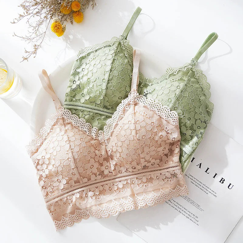 Wireless Embroidery Lace Bra Ice Silk Sling Women Underwear Sexy And Beautiful Back Tops Removable Chest Pad Brassiere