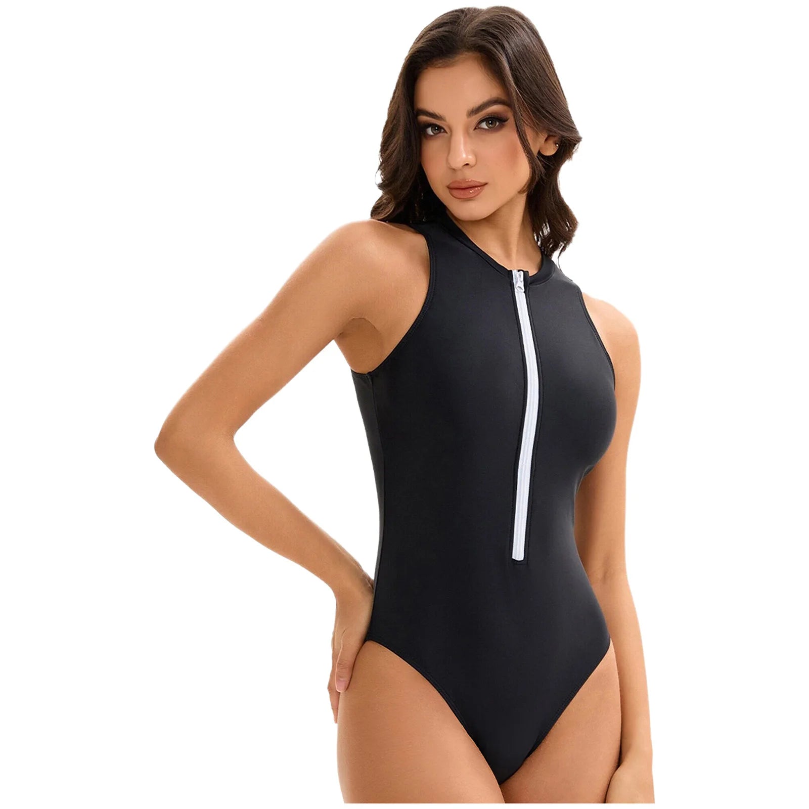 Womens One-piece Athletic Wetsuit Swimsuit Sports Swimwear Swim Costume Solid-color Zipper Closure Beach Swimming Bathing Suit