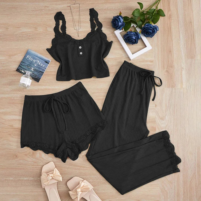 Summer 3PCS Pajama Sets for Women's Solid Vest Shorts and Pants Paired with Lace Splicing for Homewear Sexy Sleepwear Sets