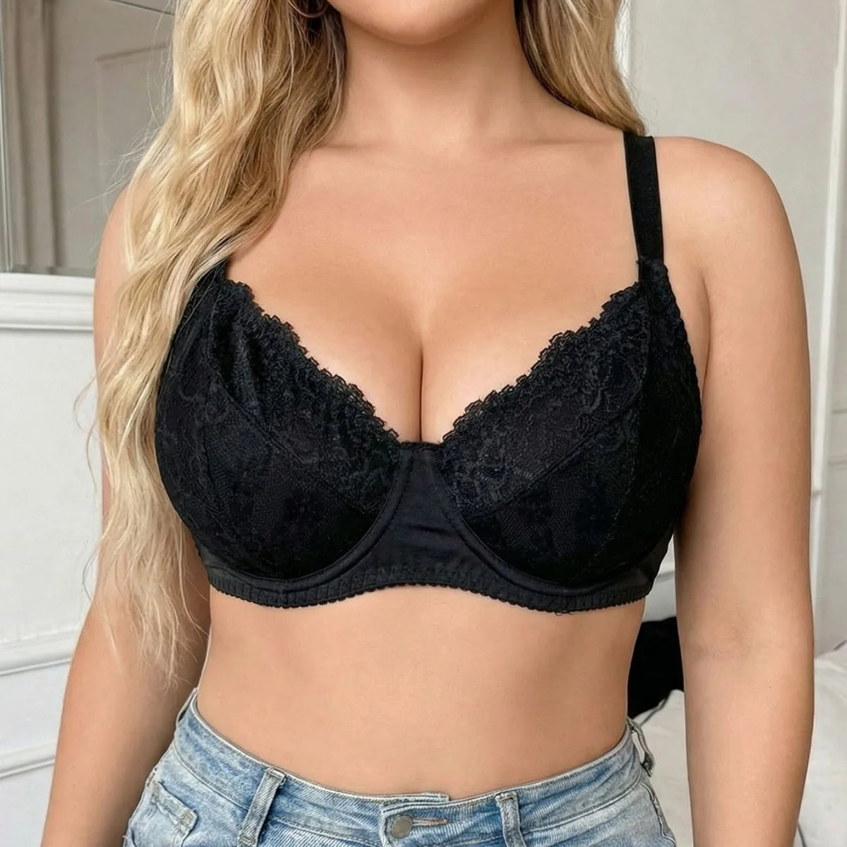 Plus Size Black Lace Underwire Push Up Bra Full Coverage Unlined Minimizer For Large Bust Daily Wear Lingerie For Women