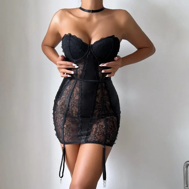 Women's Lingerie Sexy Nightwear Lace Spliced Sensual Night Dress Strapless Backless Babydolls Garter Club Sexy Erotic Costumes