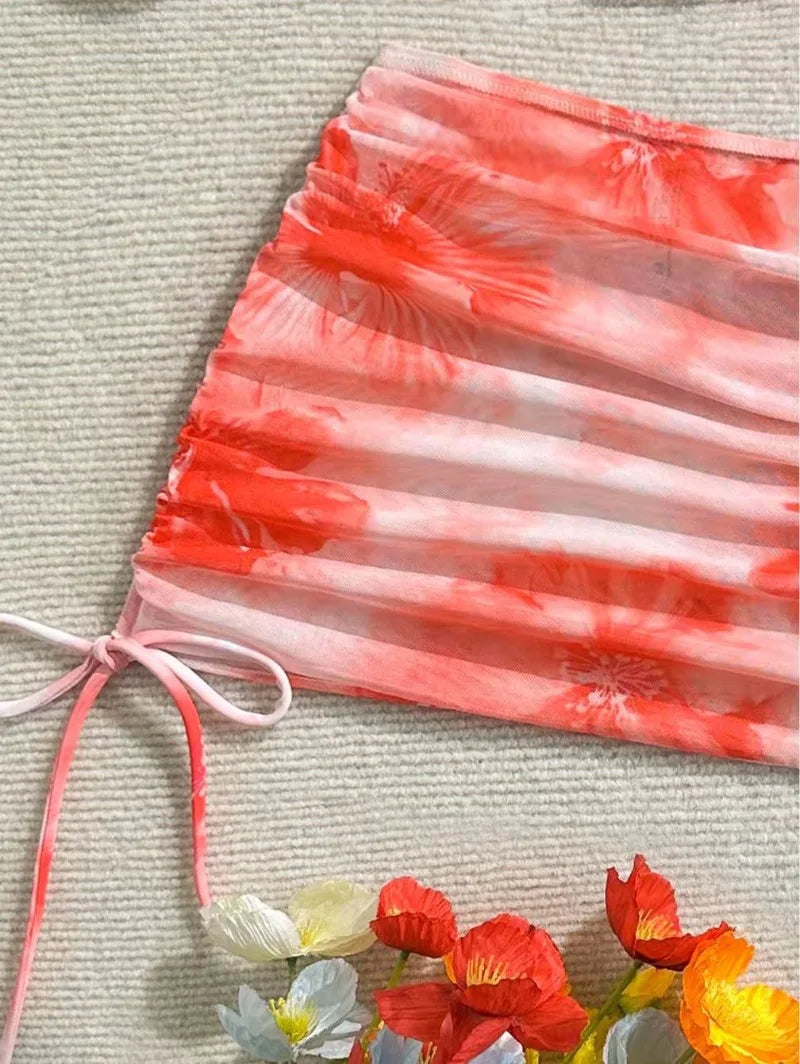 Sexy 3 Piece Bikini Set Women Printed Split Swimsuit Neck Strap Bathing Suit with Cover Up Skirt Swimwear Biquine Brasileiro