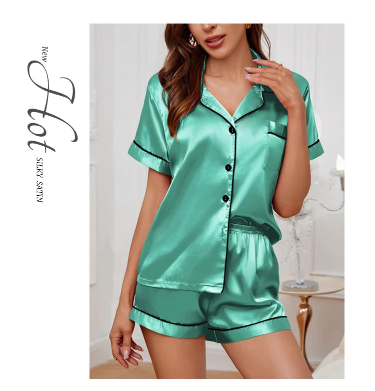 Women's Pajamas Set Summer Short Sleeve Button Down Top & Shorts Two-piece Pj Sets Sleepwear Loungewear Pyjama Femme Nightwear