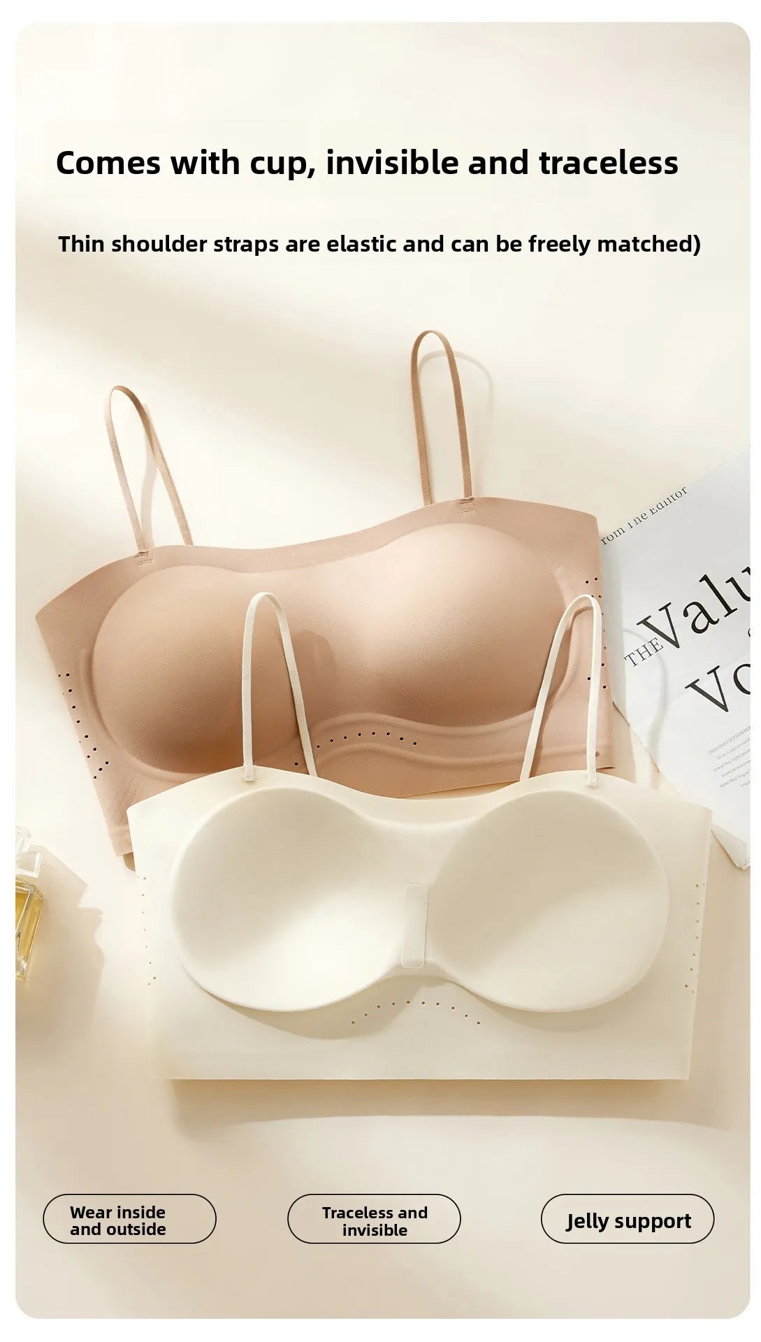 Women Push Up Bra Thin Strap Seamless Backless Bandeau Camisole Summer Padded Jelly Wire Free Comfortable Daily Bra