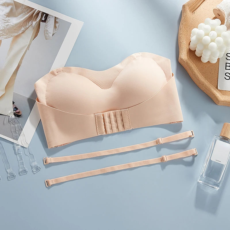 Strapless Bra Large Size Thin Section Gather Lace Non-Slip Bras Invisible Bra Lift Push Up Beautiful Back Women's Underwear