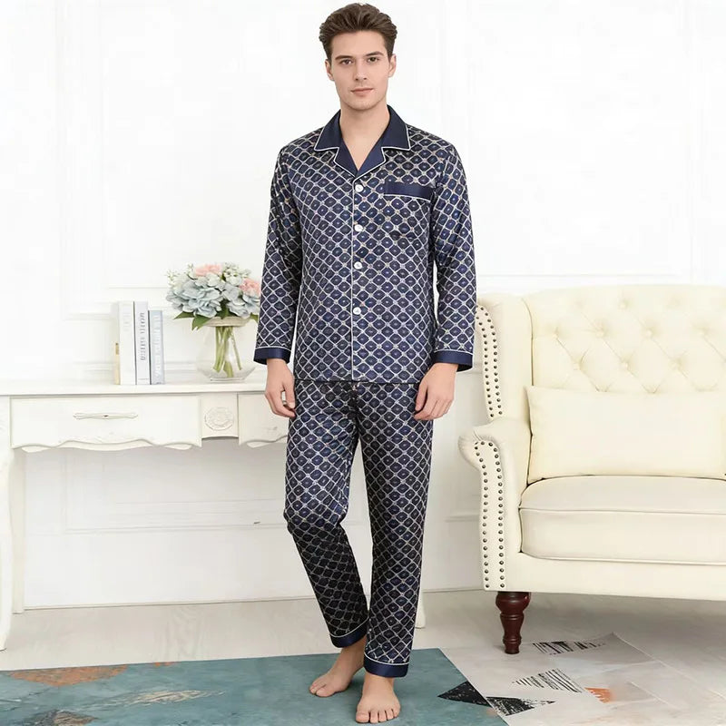 2PCS Men's Geometric Print Pajama Set Loungewear Spring New Thin Polyester Ice Silk Sleepwear Plus Size Homewear Pijamas Suit