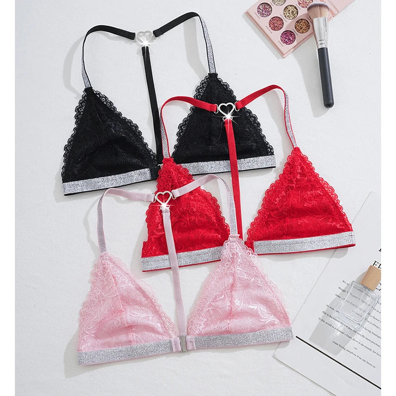 Women Lace Unlined Bras Sexy Wire Free Bralette Underwear Push Up Halter Strap Brassiere Lingerie Front Closure Temptation Bra