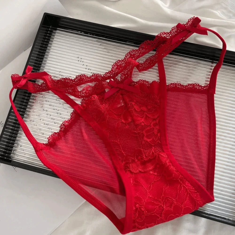 Lingerie Bow Lace Flower Panties Seamless Mid Waist French Style Briefs Hollow Transparent Lace Mesh Briefs Lady