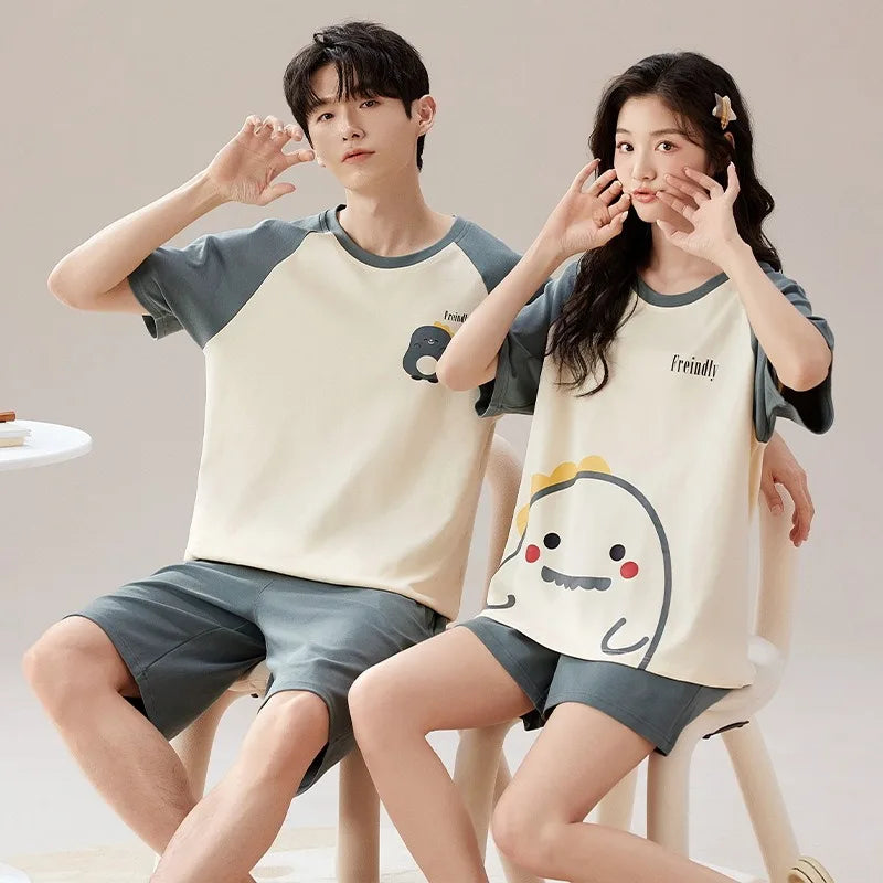 Lovers Pajama Set Cotton Cartoon Cute Nightwear For Men Women Homewear Plus Size Summer Thin Pyjamas Couples Pjs Loungewear
