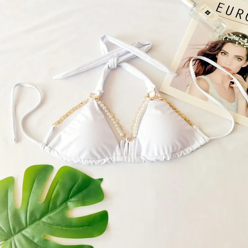Bikini swimsuit with separate metal cover-up, women's halter neck backless swimwear made of highly elastic fabric