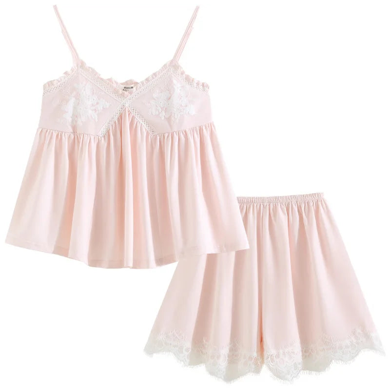 Women's Cotton Pajama Set with Lace Cute 2 Piece Cami and Shorts Sleepwear Soft Comfortable Loungewear for Girls French Vintage