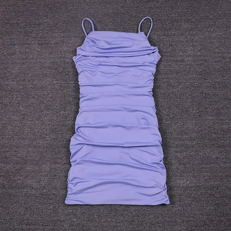 American Sexy Slip Dress Women Pleated Ruffled Neckline Slim Fashion Camisole Dress Solid Summer Vacation Party Mini Vestidos
