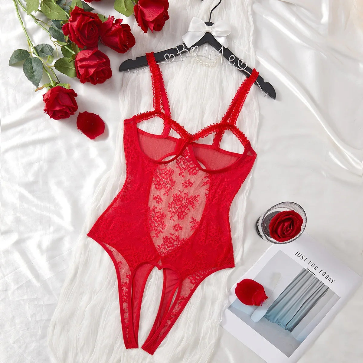 Lingeries Sexy Hot Bodysuit Red Lace Transparent Open Bra Crotchless Erotic Teddy Women Couple Honeymoon Nightwear