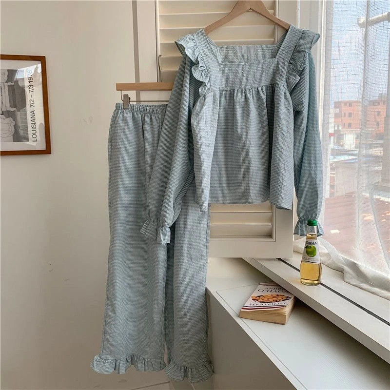 Pajama Sets Women Plaid Harajuku Schoolgirl Sweet Style Autumn Simple Sleepwear Square Collar Ins Popular Lovely Nightwear Daily