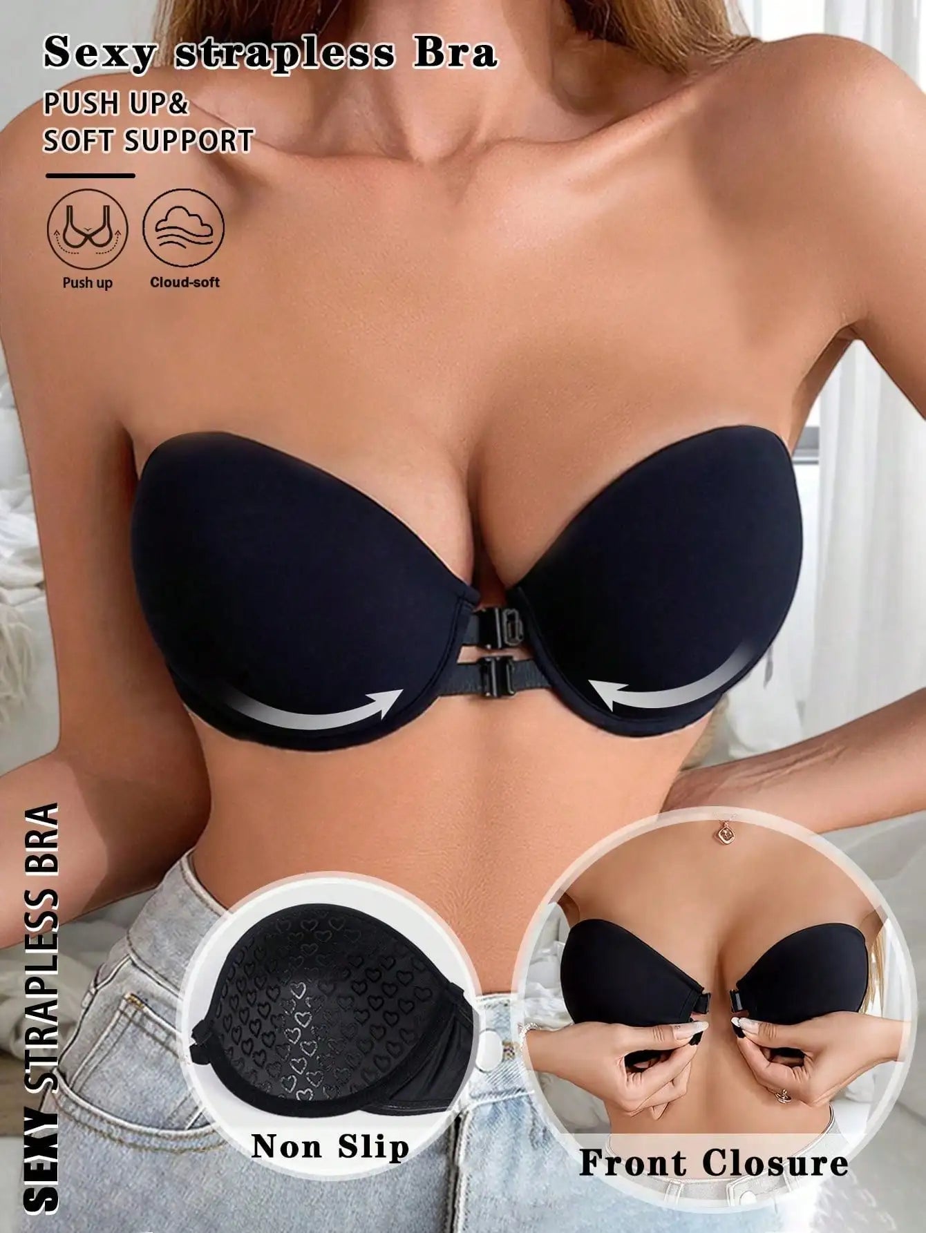 Strapless Bra Front Closure Push Up Bras For Women Heart Pattern Cup Backless Invisible Strapless Underwear Sexy Lingerie
