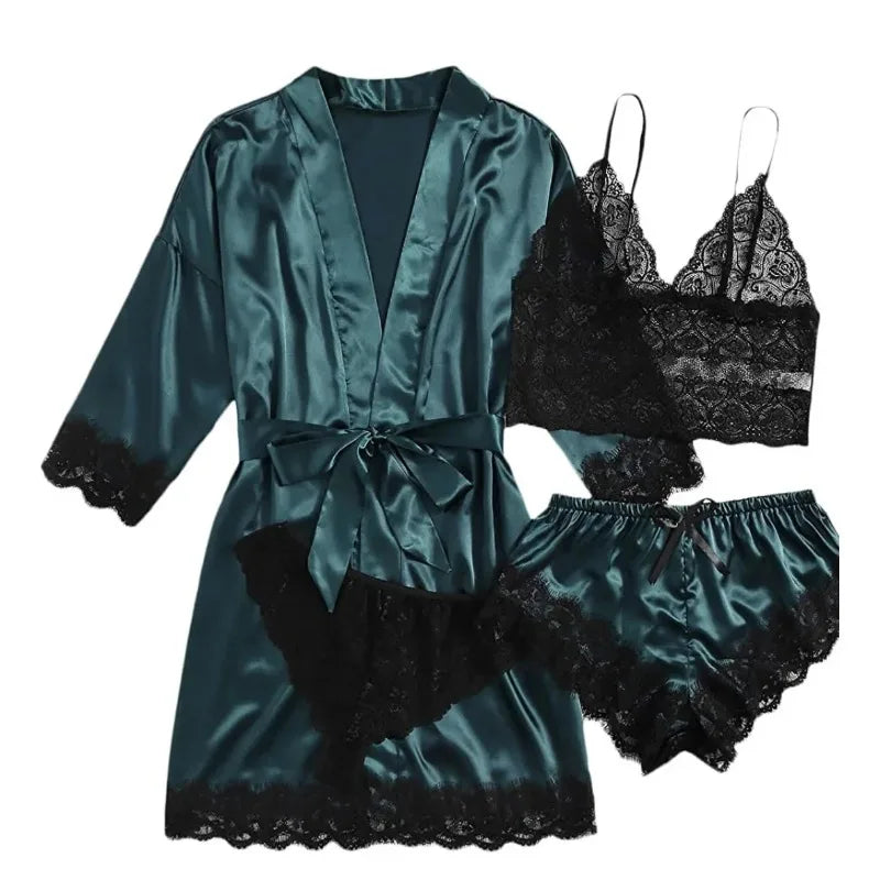 Spring and Autumn Women's Sexy High-quality Lace Camisole Pajamas Soft Comfortable Breathable and Comfortable 4-piece Set