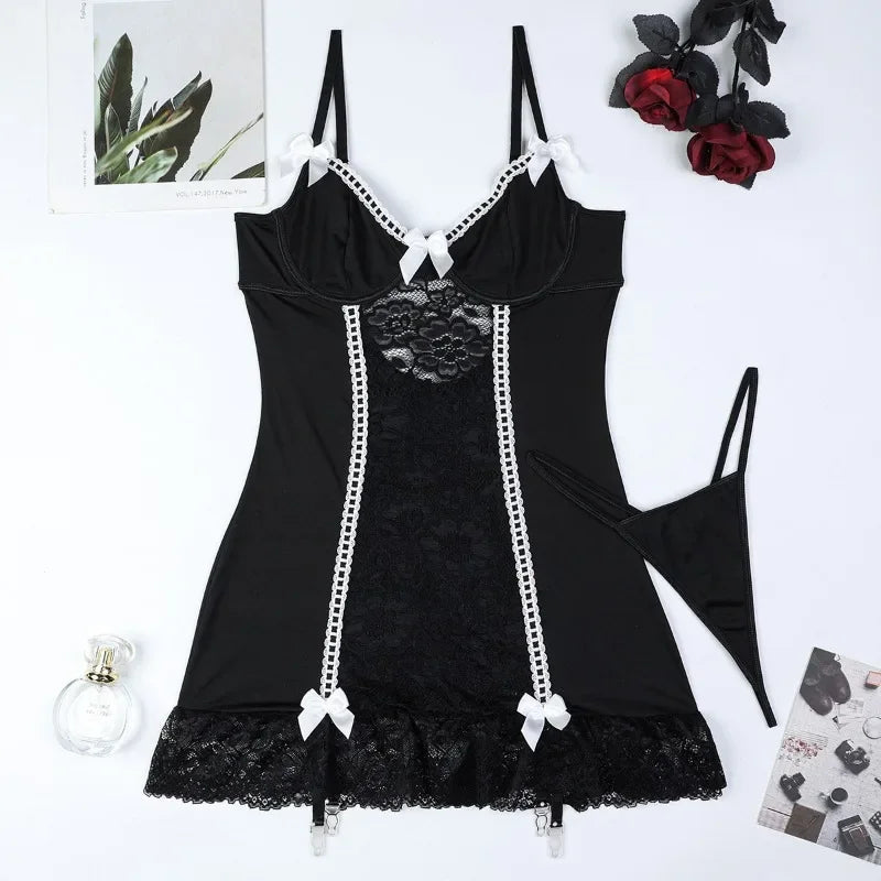Floral Lace Babydolls Hot Sexy Lingerie Sets Women Transparent Embroidery Bow Exotic Chemises Night Dress with Thong Sex Outfit