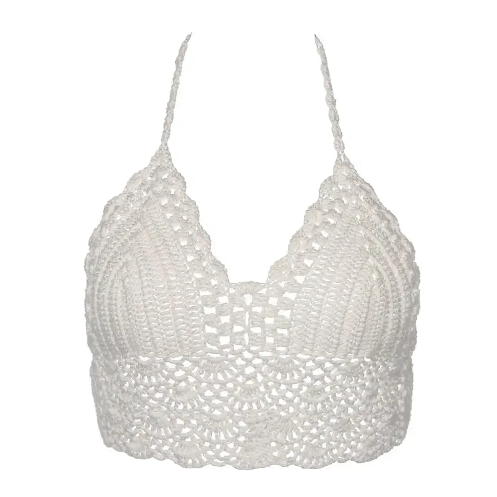 New Sexy Bikini Crop Top Crochet Boho Beach Camisoles Bikini Bralette Halter Cami Knitted Bra Women Backless Beachwear Tank Top