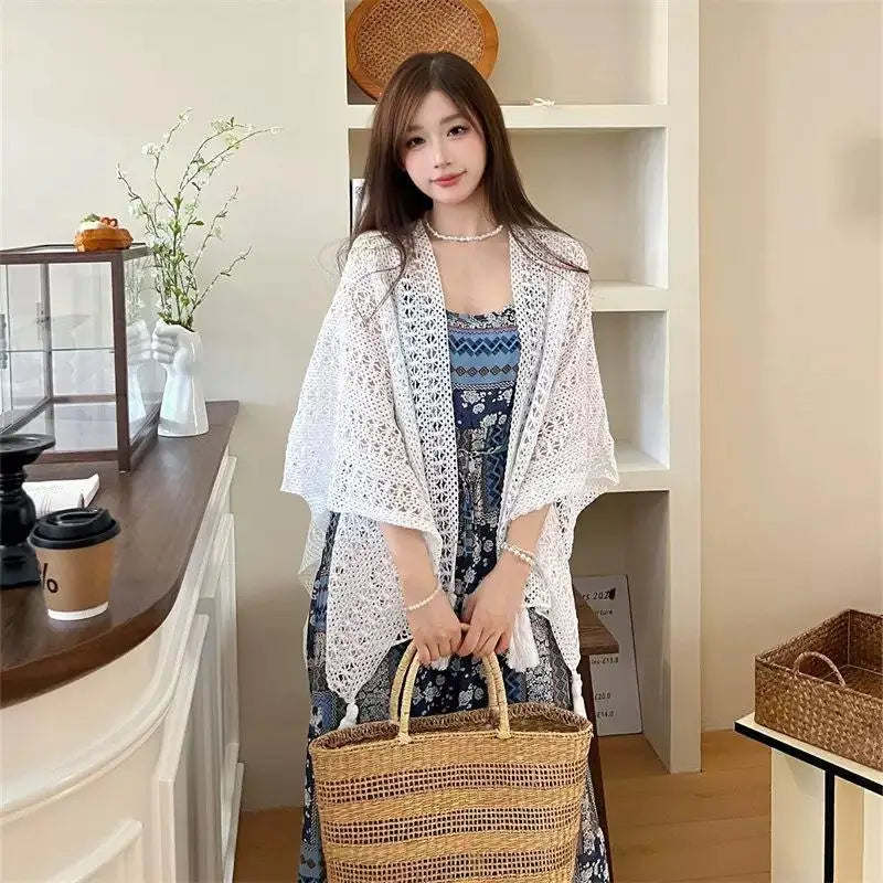 Summer Mesh Lace Women Cover-Up With Tassels Elegant Beach Open-Front Sun Protection Shawl〔CC55〕