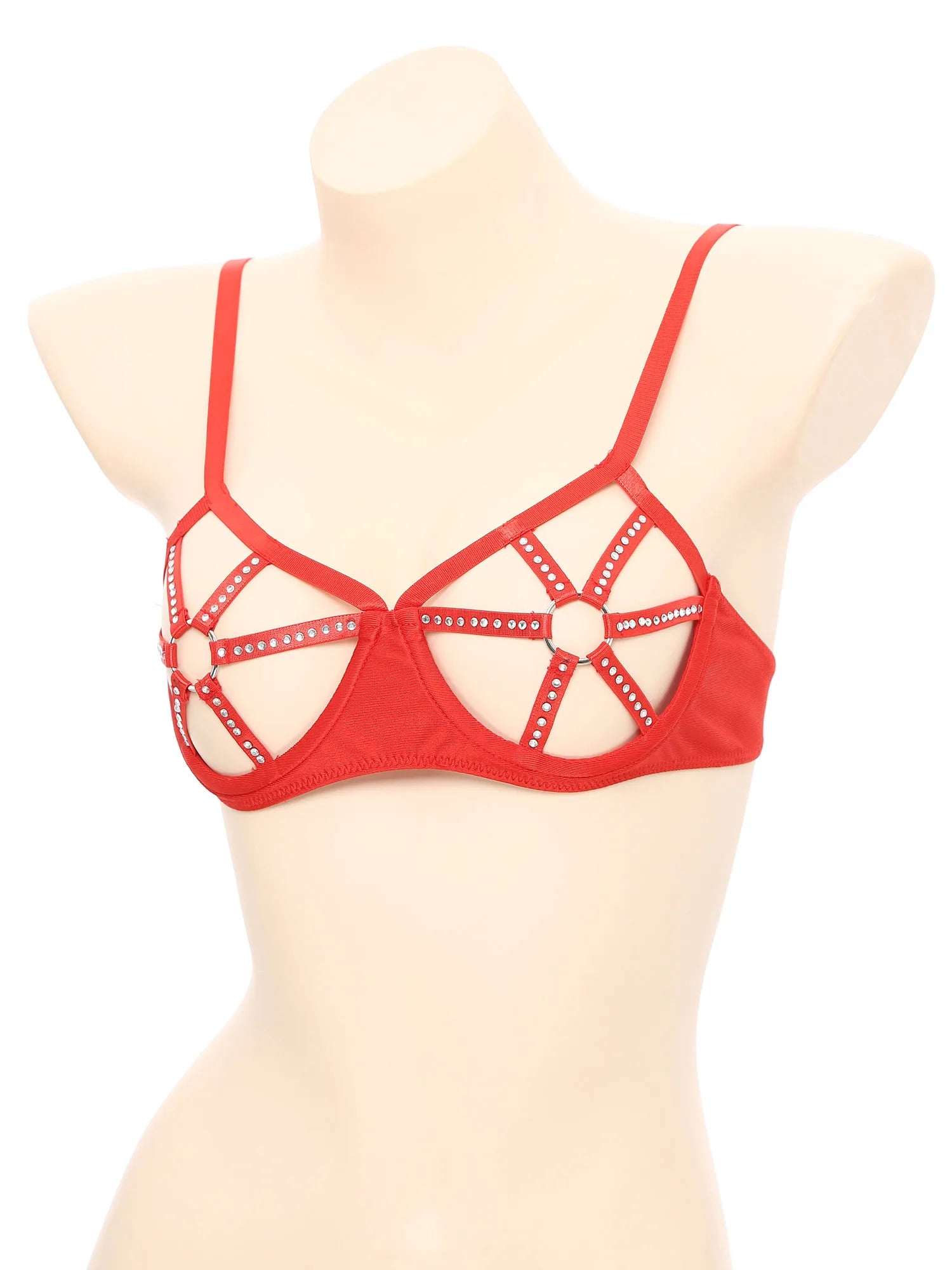 Womens Sexy Lingerie See Through Underwired Bra Balconette Adjustable Straps Shiny Rhinestones O-ring Cutout Cup Push Up Bra Top