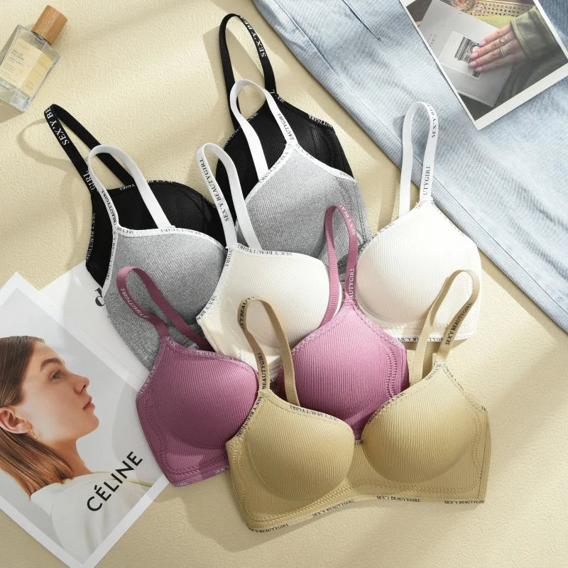 Trendy 2Pcs/Set Women's Seamless Solid Color Bras Sexy Letter Straps Wireless Push Up Underwear New Ladies Deep V Neck Brassiere