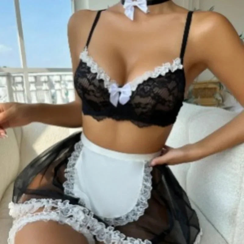 Lingerie Ultra Sexy Mesh Lace Bow Maid Sex Set Maid Uniform Night Dress Women Bra Set Nightgowns Sleepwear Women's Pajamas Dress