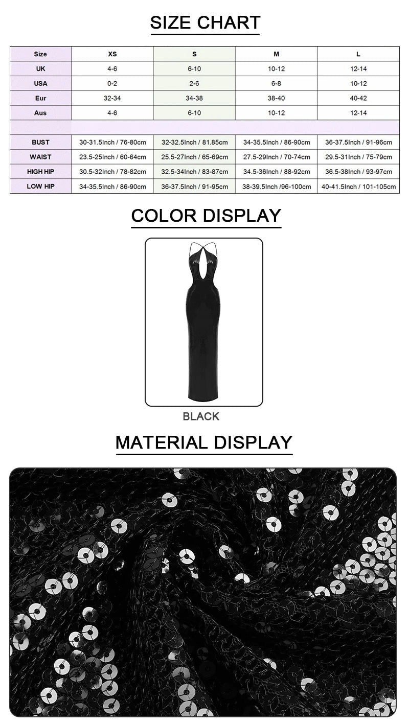 Sexy Sequin Halter Black Long Dress with Deep Plunge Cut-out – Summer New Backless Club Nights DJ Party Birthday Evening Dresses