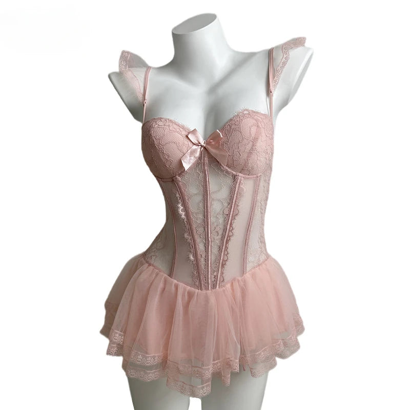 Erotic Lingerie Ladies Sexy French Lace Corset New Bodysuit Gathered Elasticity Women Push Up Mesh Material Bustier Underwear